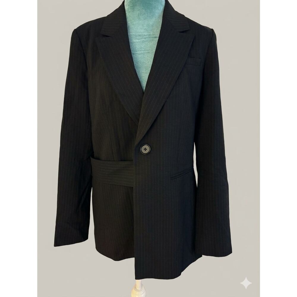 LEWIT Wool Blend Pinstripe Tailored Blazer Jacket Size 6 NWT asymmetrical black
